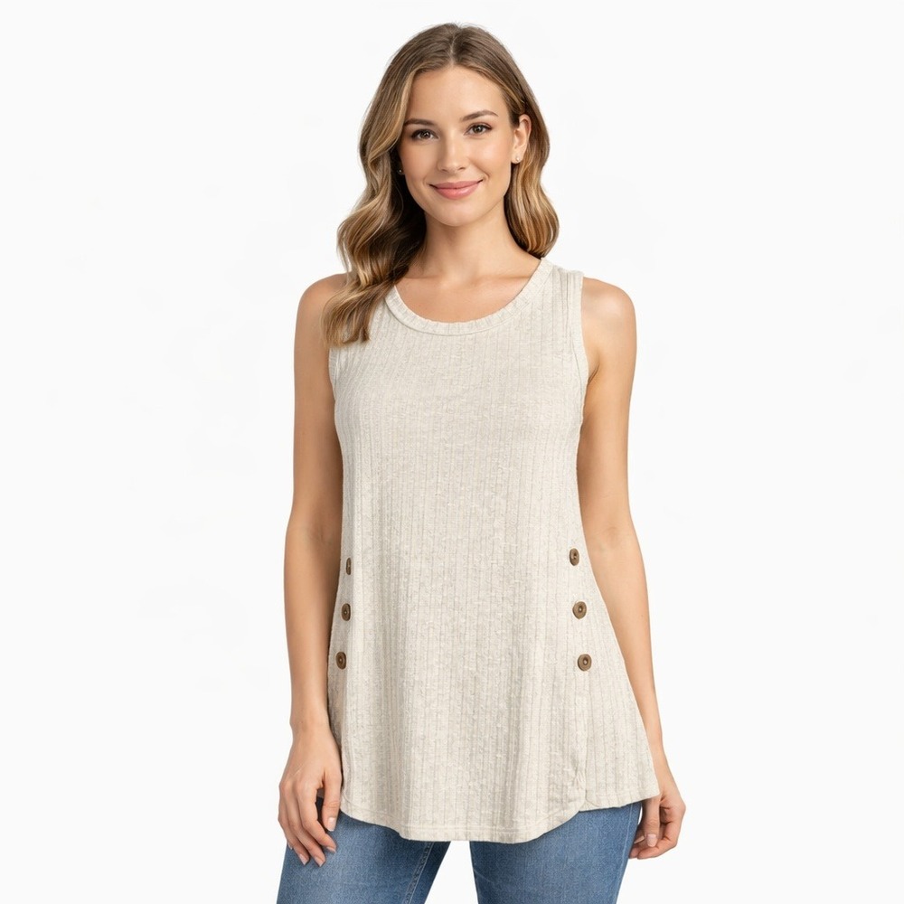 NY Collection Ribbed Knit Sleeveless Tank Top Button Detail Beige Women S‎
